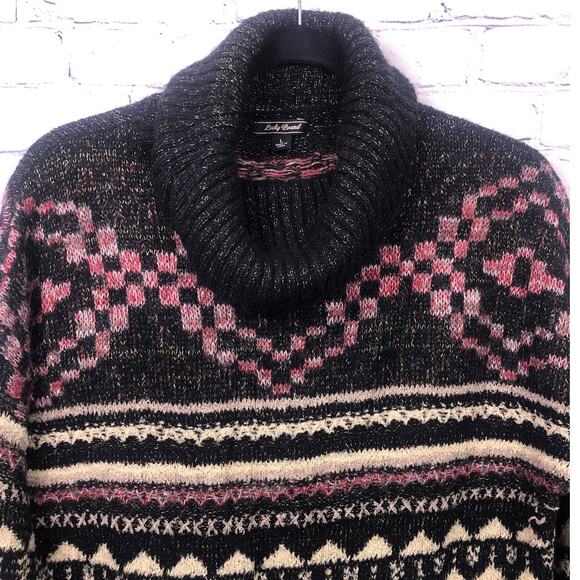 Lucky Brand Cowl Neck Drop Shoulder Geometric Front Pocket Wool Knit Sweater L - Picture 2 of 14
